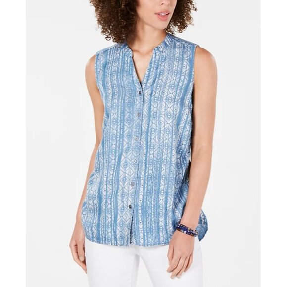 Style & Co. Blue Printed Sleeveless Button-down Shirt NWT Petite SMALL - Picture 4 of 9